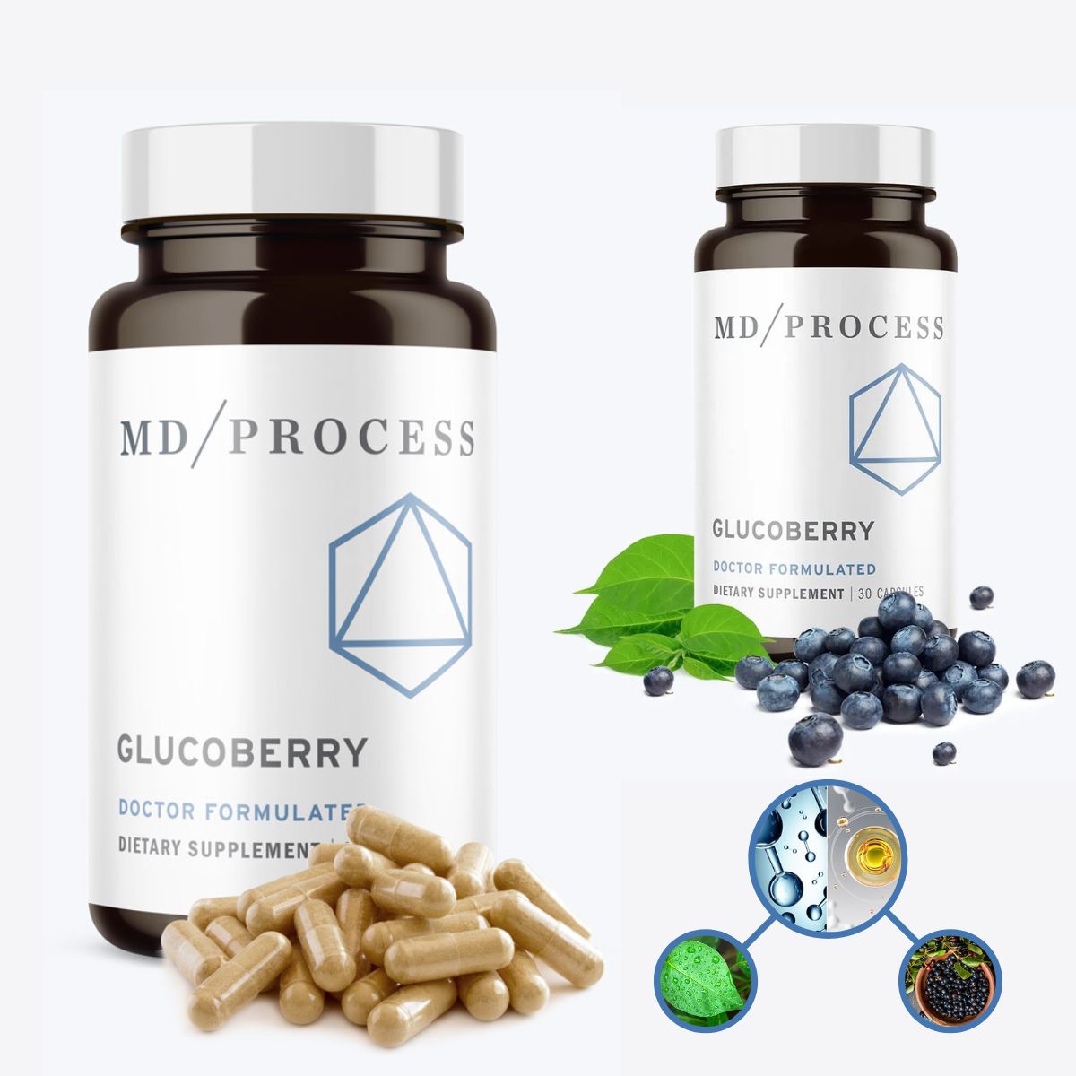 GlucoBerry dietary supplement bottle and capsules
